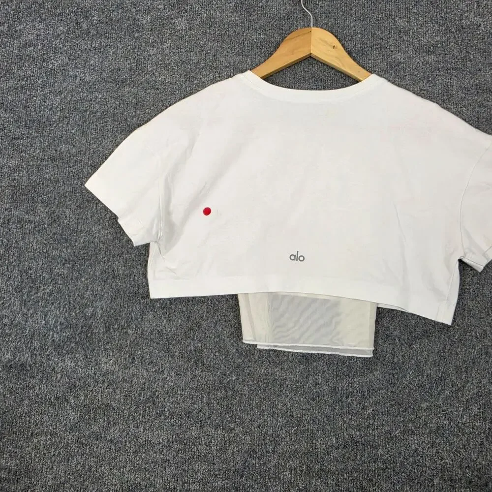 Alo Yoga Top Women Small Made You Look Cropped Tee White Layered Casual Yoga